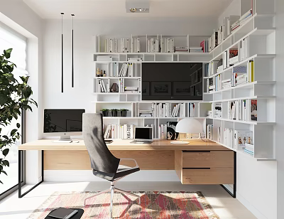 Modern Study Room Interior With Wooden Desk Wall Bookshelves And Ergonomic Chair 3d model