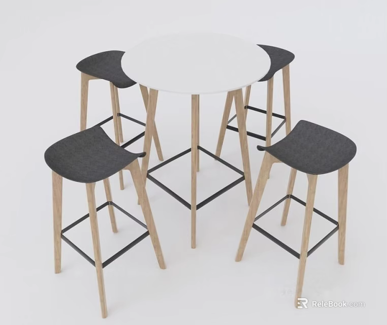 White Round Bar Counter With Four Black Stools And Wooden Legs 3d model