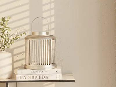 Decorative Ornament Combination With Metal Lantern Stacked Books Green Plant Vase And Sunlight Shadow 3d model