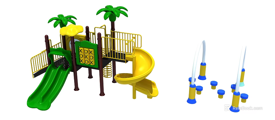 Colorful Outdoor Playground Equipment Featuring Yellow Slide Green Climbing Frame And Palm Trees 3d model 