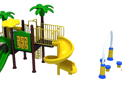 Colorful Outdoor Playground Equipment Featuring Yellow Slide Green Climbing Frame And Palm Trees 3d model
