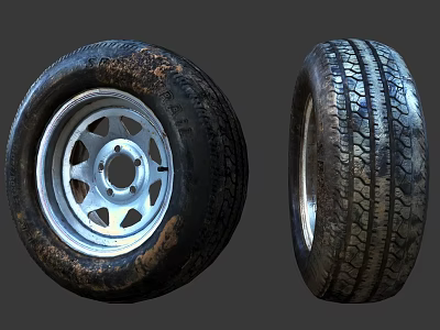 Two Car Tires Showing Worn Muddy And New Tread With Silver Rims 3d model Two Car Tires Showing Worn Muddy And New Tread With Silver Rims 3d model
