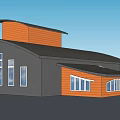 Modern Detached House Exterior With Gray Orange Design Large Windows And Sloped Roof