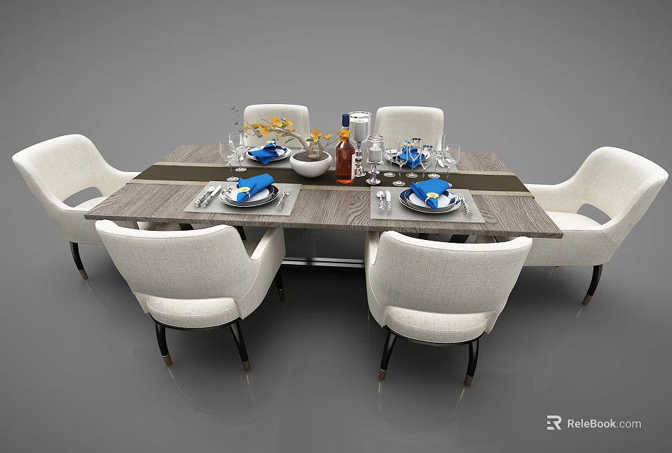 Modern Dining Table Setup With White Chairs Tableware Flower Centerpiece And Wine Bottle 3d model