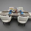 Modern Dining Table Setup With White Chairs Tableware Flower Centerpiece And Wine Bottle 3d model