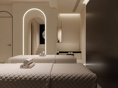 Modern SPA Sauna Interior With Massage Beds Archway And Soft Lighting 3d model
