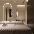 Modern SPA Sauna Interior With Massage Beds Archway And Soft Lighting