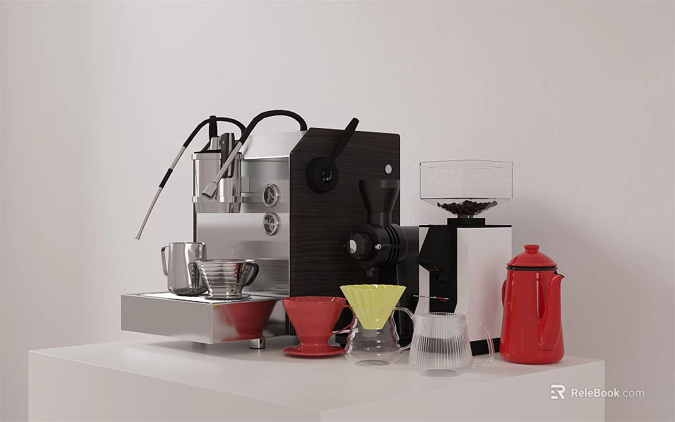Essential Kitchen Appliances Coffee Machine Grinder Kettle And Coffee Cups For Home Kitchen Use 3d model 