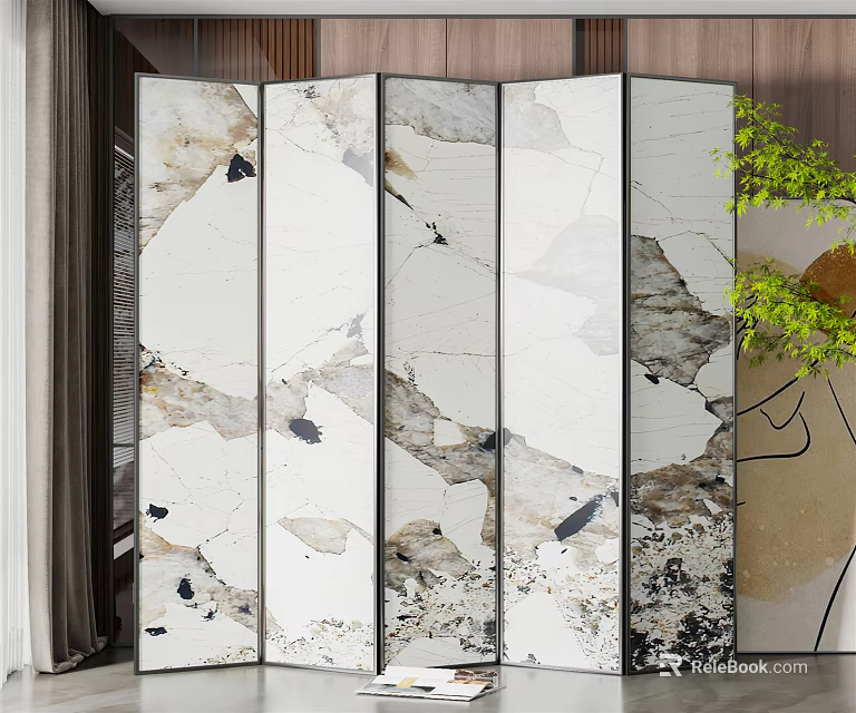 Modern Room Divider With White And Black Marble Texture Foldable Panels 3d model