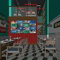 Vibrant Restaurant Interior With Green Walls Red Tiles Geometric Floor And Dining Tables Chairs