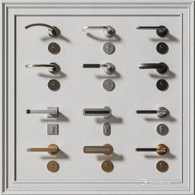 Various Modern Stylish Door Handles Mounted On White Panel With Different Finishes 3d model 
