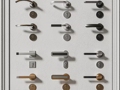 Various Modern Stylish Door Handles Mounted On White Panel With Different Finishes 3d model