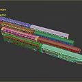 Modern Silver Train with Blue Stripes and Multiple Carriages Arranged in Line