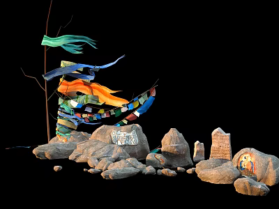 Traditional Religious Site With Colorful Prayer Flags Stacked Stones And Small Stupas 3d model