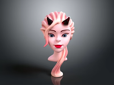 Cute Female Head Model With Pink Hair Black Devil Horns Blue Eyes And Red Lips 3d model