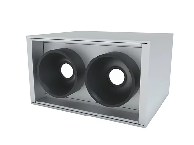 Silver Box Enclosure With Two Black Circular Components And White Center Holes 3d model