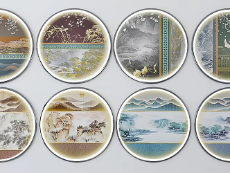 New Chinese Style Round Frame Painting Round Wall Decoration Hanging Painting Decorative Painting Combination Wall Decoration Pendant Combination Wall Decoration Hanging Painting Pendant Jewelry Combination 3d model