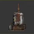 Vintage Distillation Apparatus With Metal Container Copper Coil Brick Base And Small Metal Can