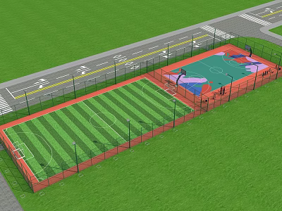 Football Field With Green Grass And Red Fence Near Basketball Court And Road 3d model