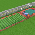 Football Field With Green Grass And Red Fence Near Basketball Court And Road