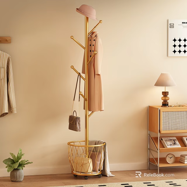 Golden Standing Coat Hanger With Pink Coat Handbag And Metal Basket In Modern Room 3d model 