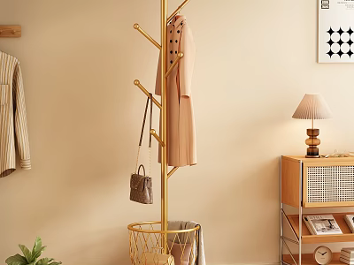 Golden Standing Coat Hanger With Pink Coat Handbag And Metal Basket In Modern Room 3d model