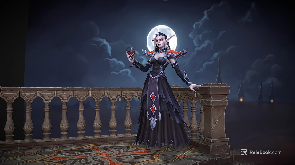 Elven Woman In Dark Dress Standing On Balcony With Wine Glass And Full Moon 3d model 