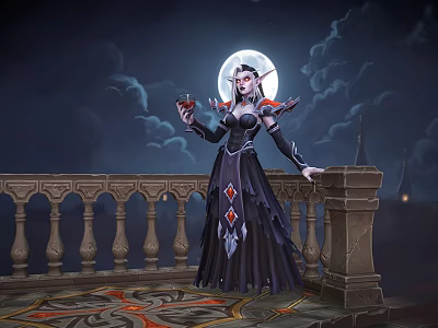 Elven Woman In Dark Dress Standing On Balcony With Wine Glass And Full Moon 3d model