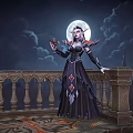 Elven Woman In Dark Dress Standing On Balcony With Wine Glass And Full Moon