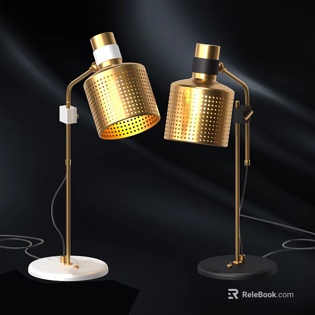 Modern Table Lamps With Golden Perforated Shades And White Black Bases 3d model 