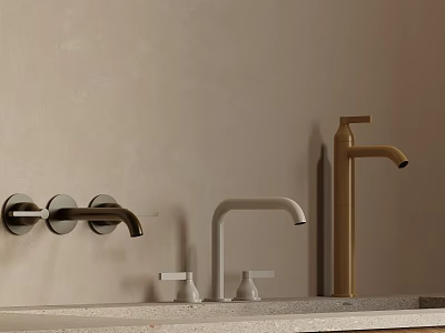 Three Modern Minimalist Black White Gold Faucets Mounted On Beige Wall With Countertop Knobs 3d model