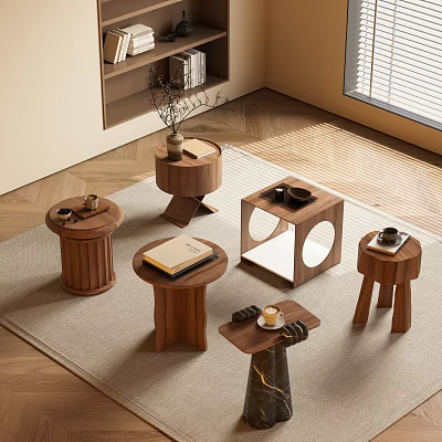 Modern Wooden Side Tables With Unique Designs And Coffee Mugs In Living Room Decor 3d model