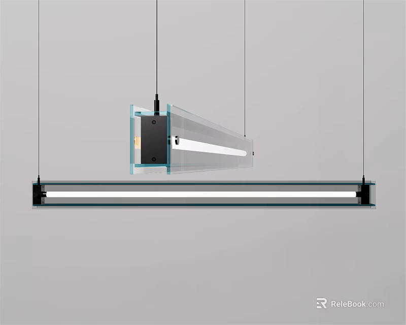 Modern Linear Chandelier With Glass Panel And Metal Bar For Bright LED Lighting 3d model 