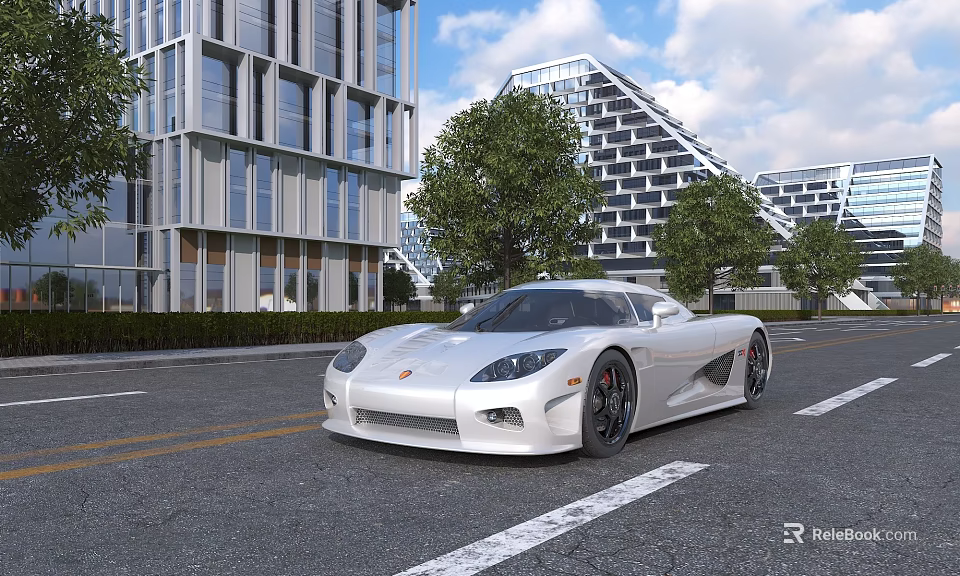 White Sports Car On Urban Street With Modern Buildings 3d model 