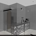 Commercial Kitchen Setup With Stainless Steel Stove Range Hood And Storage Racks