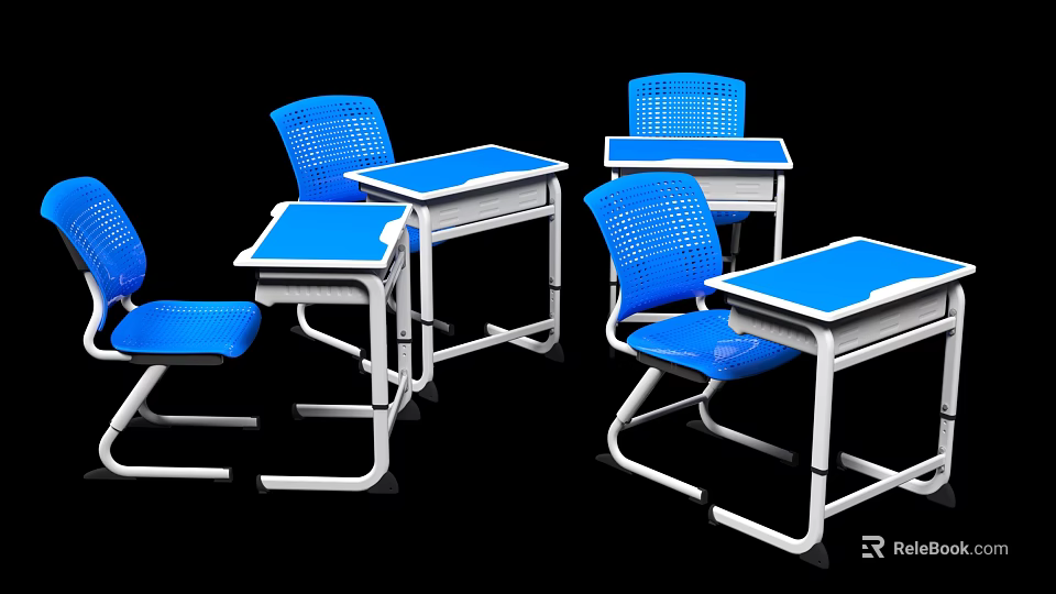 Blue Chairs With White Study Desks For Classroom And Home Learning 3d model 