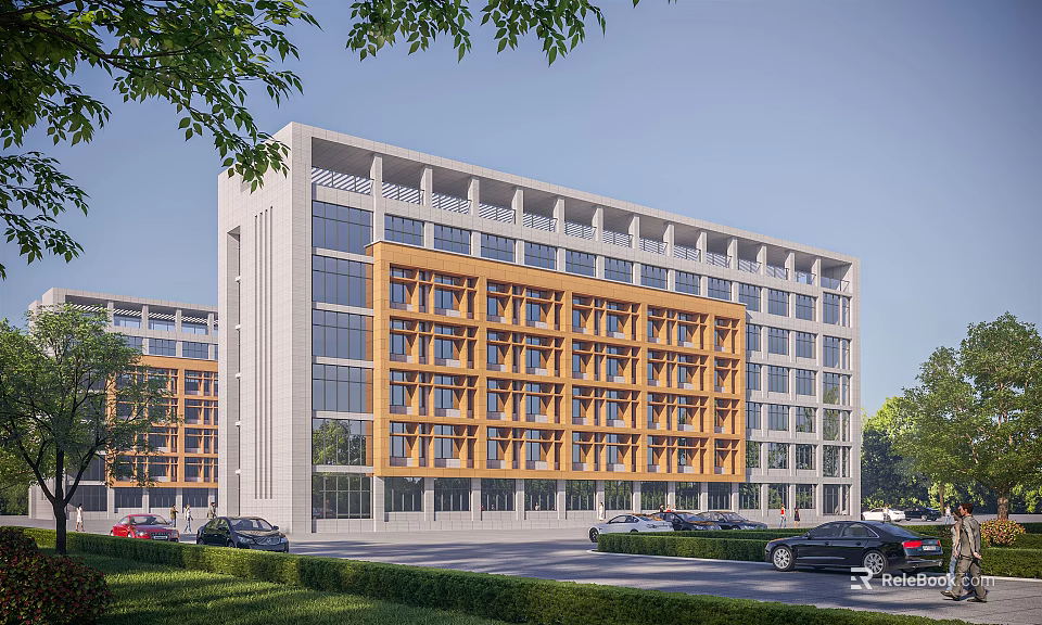 Modern School Building Exterior With Orange Glass Facade White Walls Green Lawns And Parked Cars 3d model 