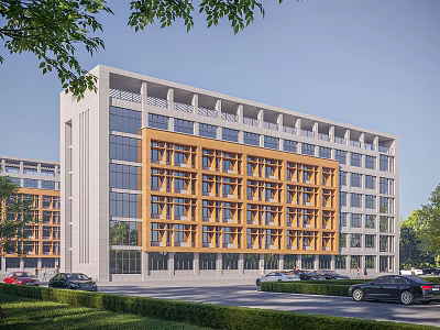 Modern School Building Exterior With Orange Glass Facade White Walls Green Lawns And Parked Cars 3d model