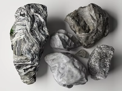 Natural Stones And Wood Elements Featuring Textured Surfaces And Various Shapes 3d model