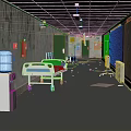 Dilapidated Hospital Corridor With Multiple Hospital Beds Water Dispenser Red Fire Hydrant And Scattered Items