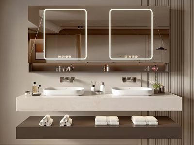 Sleek Modern Bathroom Vanity With Double Sinks Backlit Mirrors Towels And Toiletries 3d model