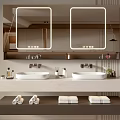 Sleek Modern Bathroom Vanity With Double Sinks Backlit Mirrors Towels And Toiletries