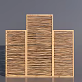 Three Panel Wooden Frame Room Divider With Vertical Wicker Strips Natural Design 3d model