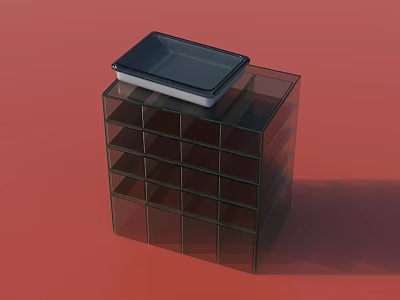 Transparent Glass Cabinet With Multiple Shelves Compartments And Black Square Tray On Top 3d model