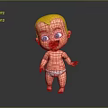 Cute Blonde Hair Baby Doll In White Diaper Standing On Dark Background
