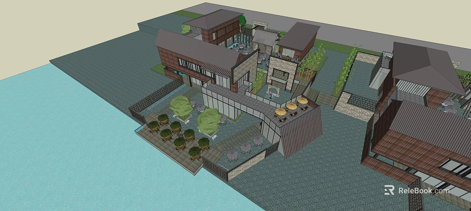 Modern Commercial Street Featuring Contemporary Buildings Greenery Water Features And Outdoor Spaces 3d model 