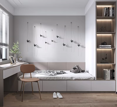 Tatami Bedroom Interior Design With Desk Chair Wall Decor Bookshelf And Storage Cabinets 3d model