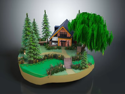 Cartoon Scene Featuring Small House Pine Trees Weeping Willow Pathway And Green Lawn 3d model