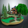 Cartoon Scene Featuring Small House Pine Trees Weeping Willow Pathway And Green Lawn