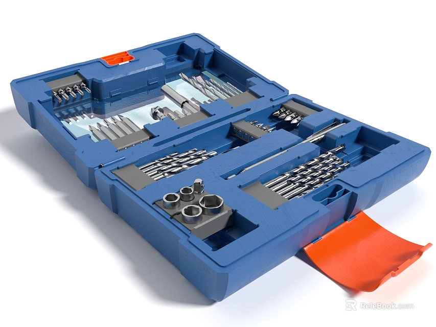 Complete Hardware Tools Set in Blue Toolbox with Organized Compartments Drill Bits and Orange Handle 3d model 